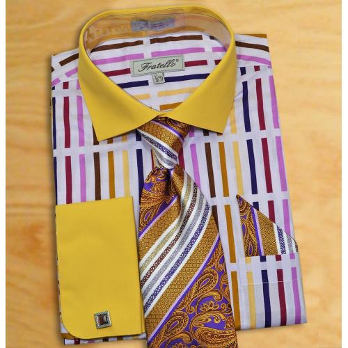 Fratello Mustard / White / Multicolor Shirt / Tie / Hanky Set With Free Cufflinks FRV4133P2