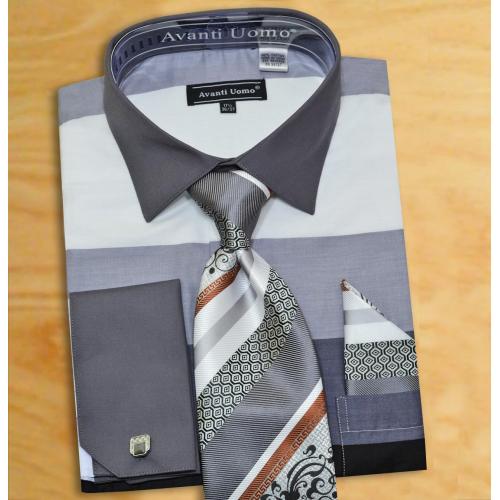 Avanti Uomo Charcoal Grey / Black / Silver Grey Shirt / Tie / Hanky Set With Free Cufflinks DN67M