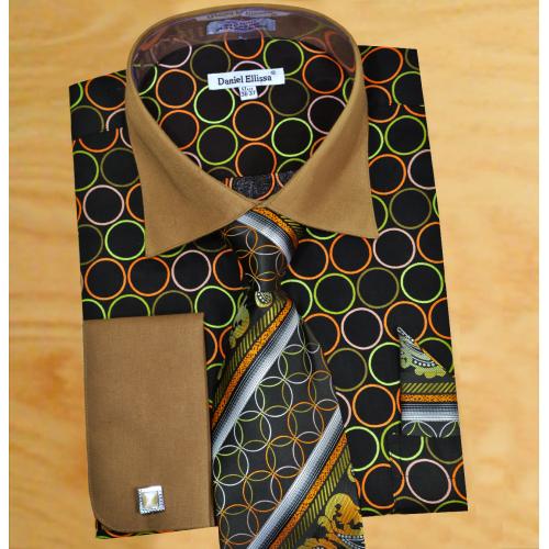 Daniel Ellissa Taupe / Black / Multicolor Circular Design Shirt / Tie / Hanky Set With Free Cufflinks DS3784P2