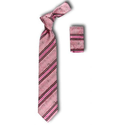 Steven Land "Big Knot" BW2659 Pink / Wine / Black Diagonal Paisley Design 100% Woven Silk Necktie / Hanky Set