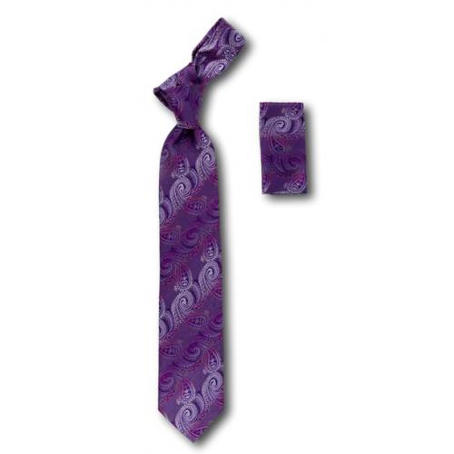 Steven Land "Big Knot" BW613 Purple Paisley Design 100% Woven Silk Necktie / Hanky Set