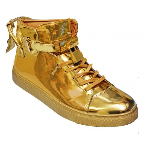 Encore By Fiesso Metallic Gold Patent Leather High Top Sneakers With Lock / Key Lace Locks FI2247