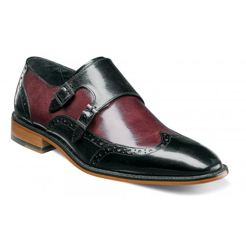 Stacy Adams "Brewster" Black / Wine Polished Genuine Leather Wingtip Shoes With Double Monk Straps 25055-641