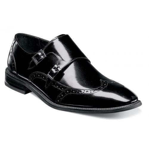 Stacy Adams "Brewster" Black Polished Genuine Leather Wingtip Shoes With Double Monk Straps 25055-001