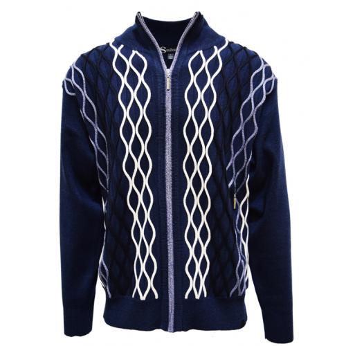 Silversilk Navy / White Woven Zip-Up Knitted Sweater With Elbow Patches 1210