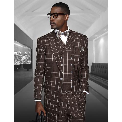 Statement Confidence "Terni" Chocolate / Brown / Beige Plaid Super 150's Wool Vested Wide Leg Suit