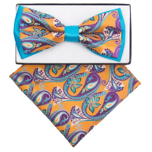 Classico Italiano Turquoise Blue / Orange / Purple Paisley Design 100% Silk Bow Tie / Hanky Set TTB1003