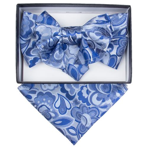 Vittorio Vico Royal Blue / Sky Blue / Silver Grey Paisley Design Double Layered 100% Silk Bow Tie / Hanky Set XL90
