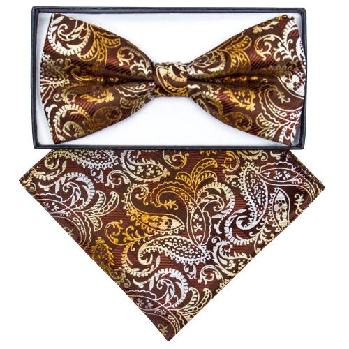 Classico Italiano Chocolate Brown / Gold / Cream Paisley Design 100% Silk Bow Tie / Hanky Set BH2352