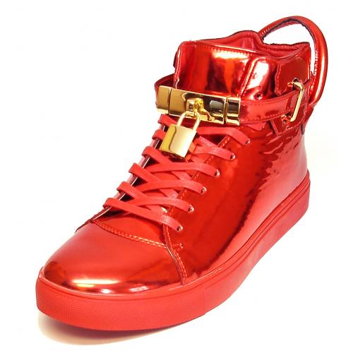 Encore By Fiesso Metallic Red Patent Leather High Top Sneakers With Lock / Key Lace Locks FI2247