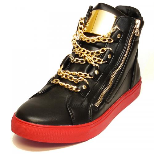 Encore By Fiesso Black / Red Leather High Top Sneakers with Gold Chain FI6901
