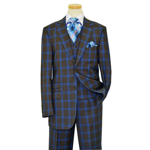 Luciano Carreli Charcoal Grey / Royal Blue Double Windowpanes Super 150's Wool Vested Suit 6296-9502