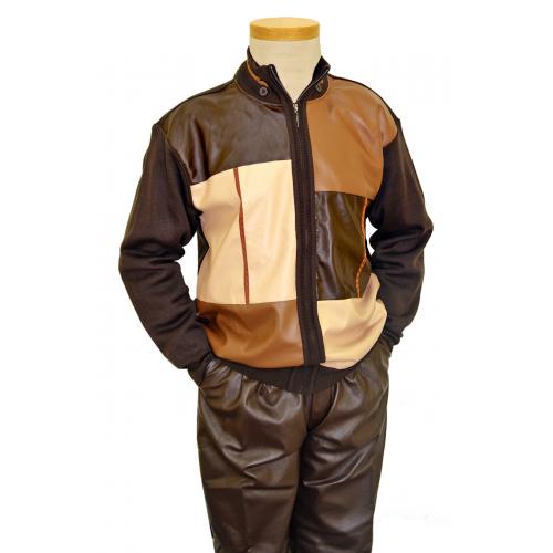 Bagazio Chocolate Brown / Caramel / Cream PU Leather Zip-Up Sweater Outfit With Neck Epaulets BM1661