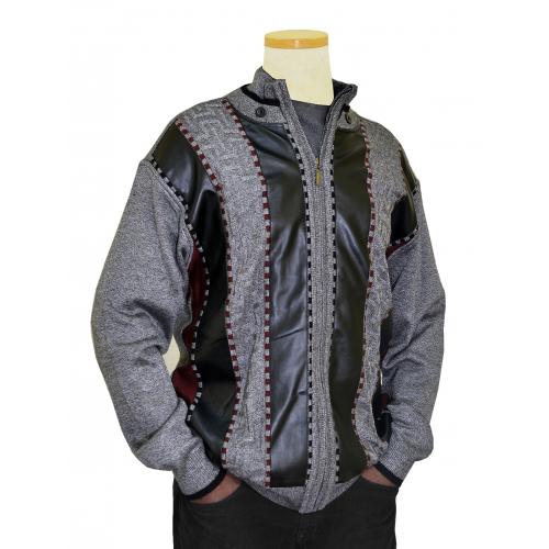 Bagazio Grey / Black / Wine PU Leather Zip-Up Sweater BM1656