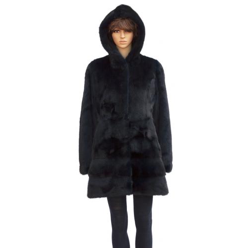 Winter Fur Ladies Black Full Skin Mink 3/4 Coat With Hood W59Q02BK