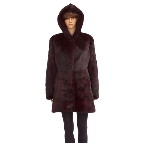 Winter Fur Ladies Burgundy Full Skin Mink 3/4 Coat With Hood W59Q02BD
