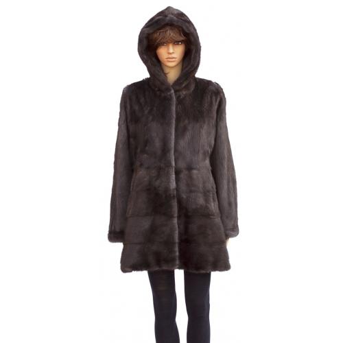 Winter Fur Ladies Brown Full Skin Mink 3/4 Coat With Hood W59Q02BR