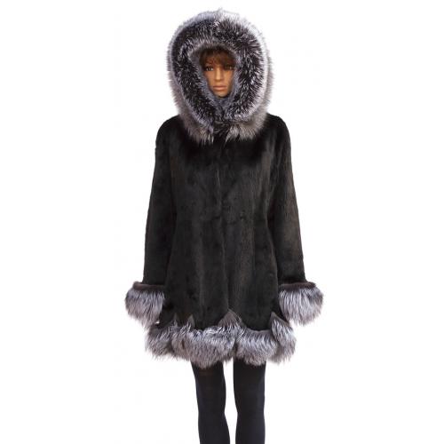 Winter Fur Ladies Black Full Skin Mink 3/4 Coat With Hood And Silver Fox Trimming W59Q03BK