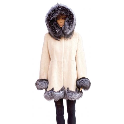 Winter Fur Ladies Ivory Full Skin Mink 3/4 Coat With Hood And Silver Fox Trimming W59Q03IV