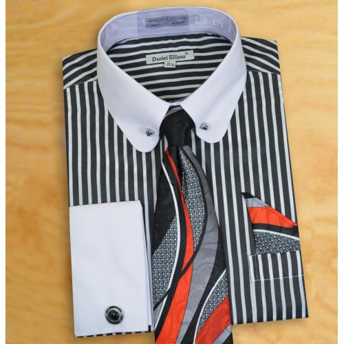 Daniel Ellissa Black / White Vertical Striped Dress Shirt / Tie / Hanky / Cufflinks / Collar Bar Set DS3791P2