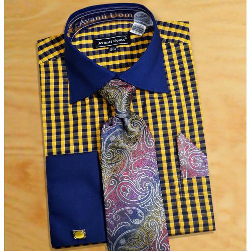 Avanti Uomo Mustard / Navy Checkered Design Cotton Blend French Cuff Dress Shirt DN70M