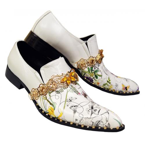 Fiesso White Floral Design Leather With Gold Rhinestones Bracelet Slip-On FI7046.