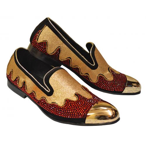 Fiesso Black / Metallic Gold / Ruby Red Rhinestones Genuine Leather Slip On Shoes With Gold Metal Toe FI7042
