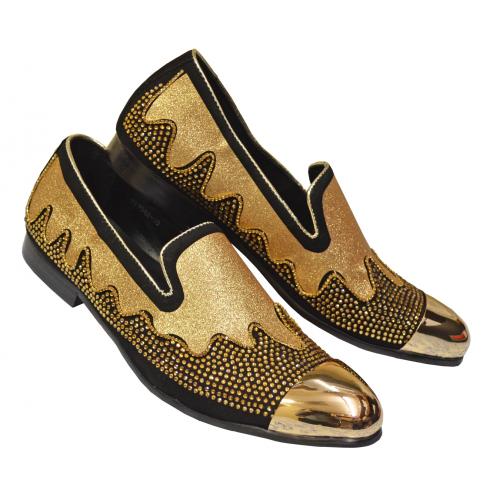Fiesso Black / Metallic Gold Rhinestones Genuine Leather Slip On Shoes With Gold Metal Toe FI7042