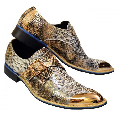 Fiesso Metallic Gold / Silver / Iridescent Leather Python Design Slip On Shoes With Monkstrap / Gold Metal Toe FI6999