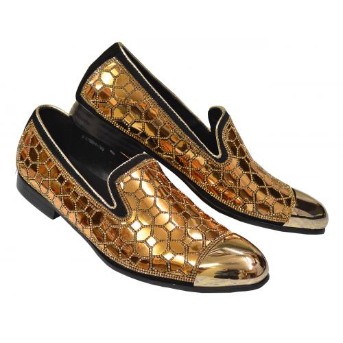 Fiesso Metallic Gold Ornaments / Gold Rhinestones / Black Genuine Leather Slip On Shoes FI7024
