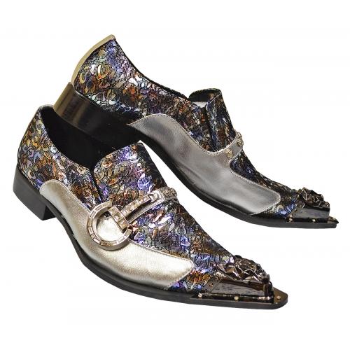 Fiesso Metallic Silver / Iridescent Leather Slip On Shoes With Rhinestone Silver Buckle / Gunmetal Toe FI7013
