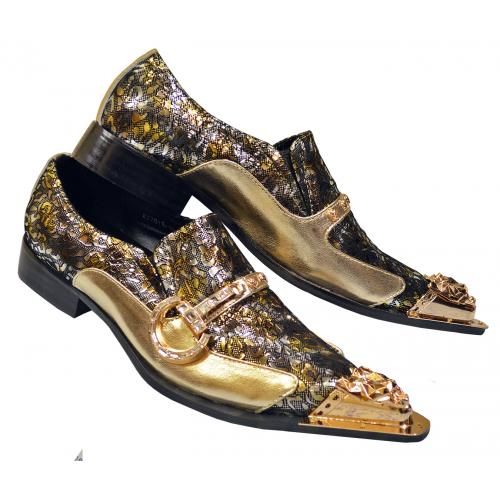 Fiesso Metallic Gold / Black Leather Slip On Shoes With Rhinestone Gold Buckle / Gold Metal Toe FI7013