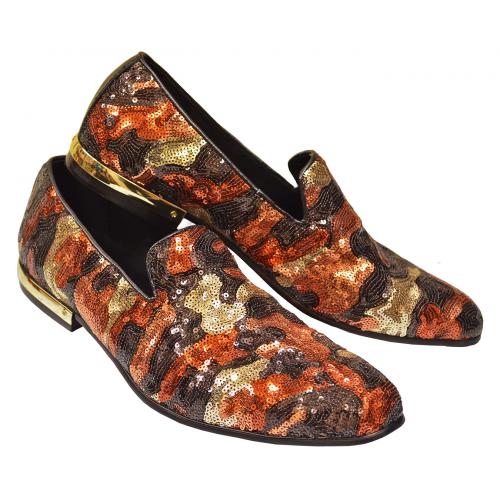 Fiesso Chocolate Brown / Bronze / Silver Sequins Genuine Leather Slip On Shoes With Gold Metal Heel FI7033
