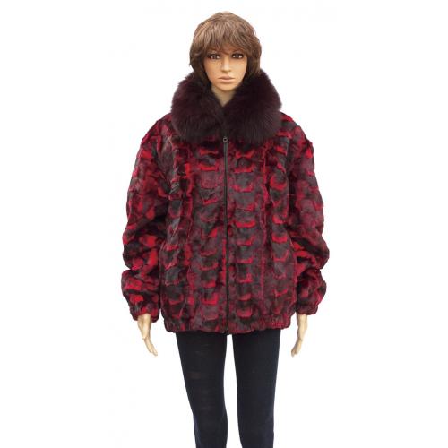 Winter Fur Ladies Red Sheared Diamond Mink Jacket With Fox Collar W79S05RD.