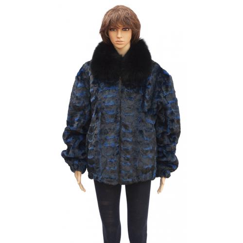 Winter Fur Ladies Blue Sheared Diamond Mink Jacket With Collar W79S05NV.