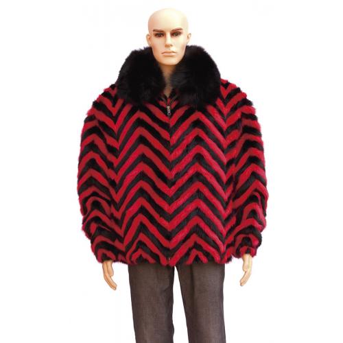 Winter Fur Black / Red Chevron Mink Jacket With Black Fox Collar M39R01BRD