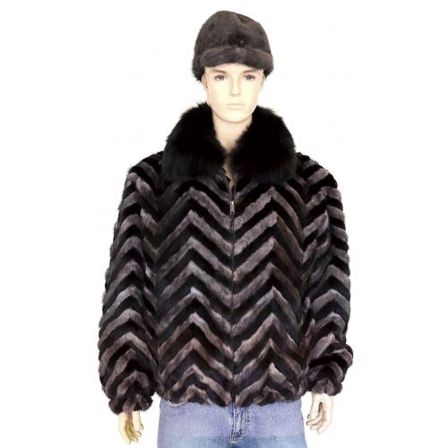 Winter Fur Black / Grey Chevron Mink Jacket With Black Fox Collar M39R01BGR