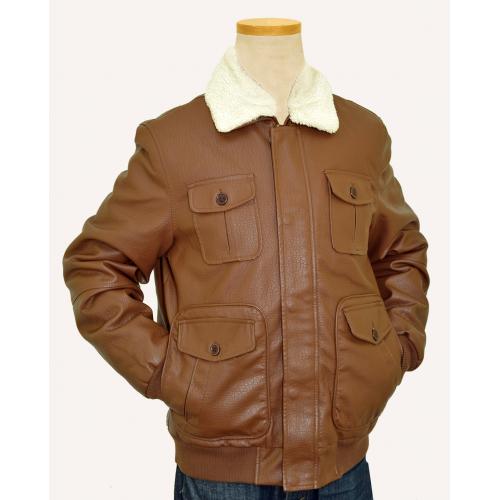 Silversilk Chestnut Brown Faux Leather Bomber Jacket With White Faux Fur Collar 1064