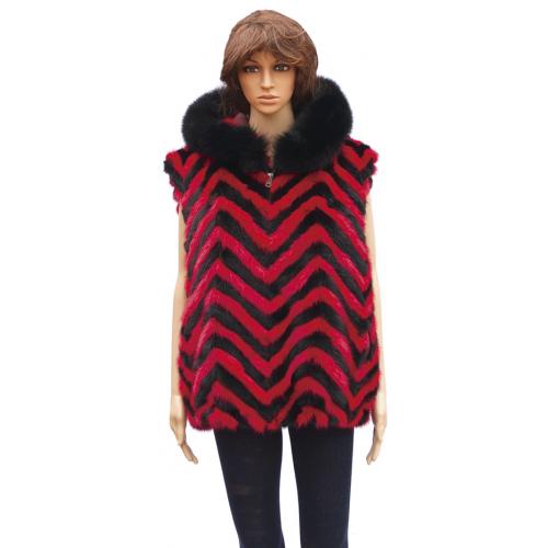 Winter Fur Ladies Black / Red Chevron Mink Vest With Fox Trimming W39V05BRD