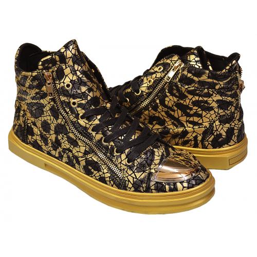 Fiesso Metallic Gold / Black Leather High Top Sneakers with Gold Metal Toe FI2268