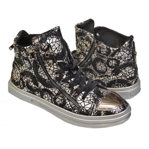 Fiesso Metallic Silver / Black Leather High Top Sneakers with Gold Metal Toe FI2268