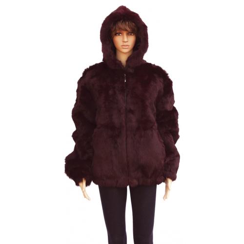 Winter Fur Ladies Burgundy Full Skin Rabbit Jacket With Detachable Hood W05S04BD.