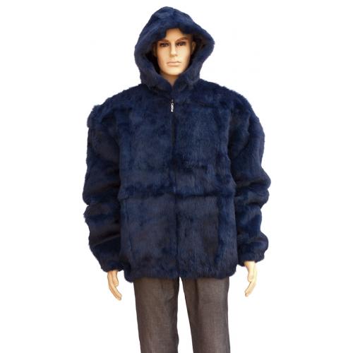 Winter Fur Navy Blue Full Skin Rabbit Jacket With Detachable Hood M05R02NV.