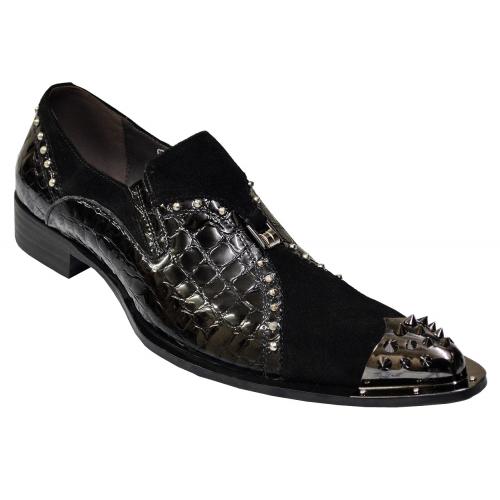 Zota Black Genuine Suede / Alligator Print Patent Leather Loafers With Metal Tip G736-3