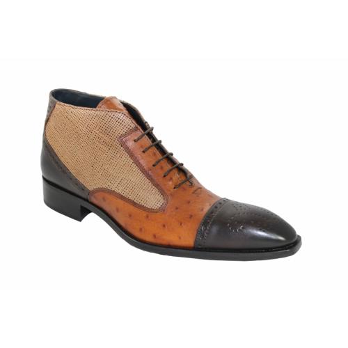 Duca Di Matiste 1104 Brown / Caramel / Tan Italian Calfskin Leather Python / Ostrich Design Cap Toe Ankle Boots
