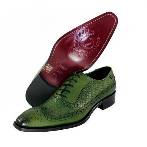 Duca Di Matiste 1499 Olive Green Hand Painted Genuine Italian Calfskin Leather Python Design Wingtip Shoes