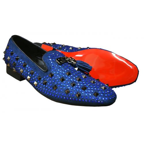 Fiesso Blue Studded / Lurex Genuine Leather Slip On Shoes With Tassels FI7005