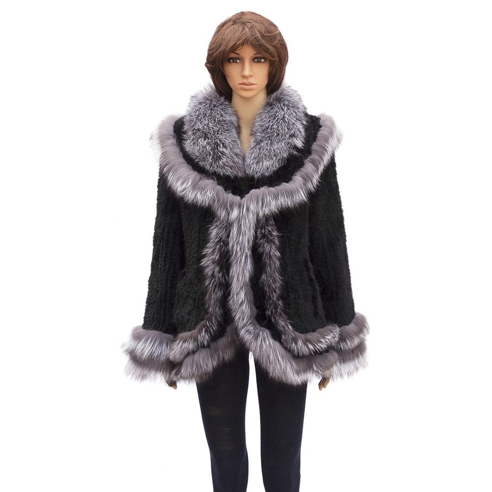 Winter Fur Ladies Black Genuine Knitted Mink Cape With Silver Fox ...