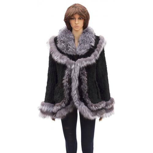 Winter Fur Ladies Black Genuine Knitted Mink Cape With Silver Fox Trimming W09K07