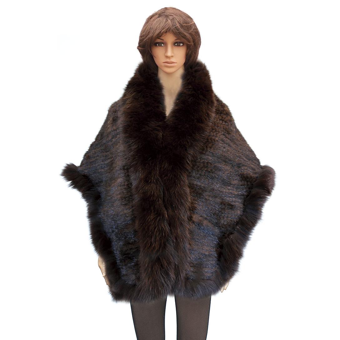 Winter Fur Ladies Brown Genuine Knitted Mink Cape With Fox Trimming ...